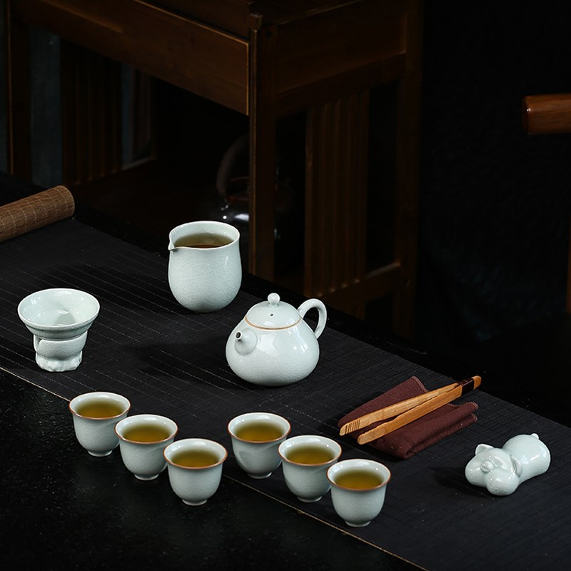 廷怀窑汝瓷高端汝窑功夫茶具套装家用简约茶壶茶杯开片可养玛瑙釉