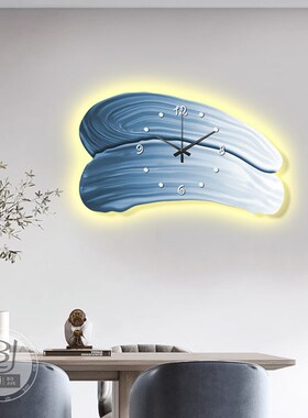 绿色奶油风静音钟表挂钟餐厅装饰画创意时钟餐桌墙画肌理感LED灯