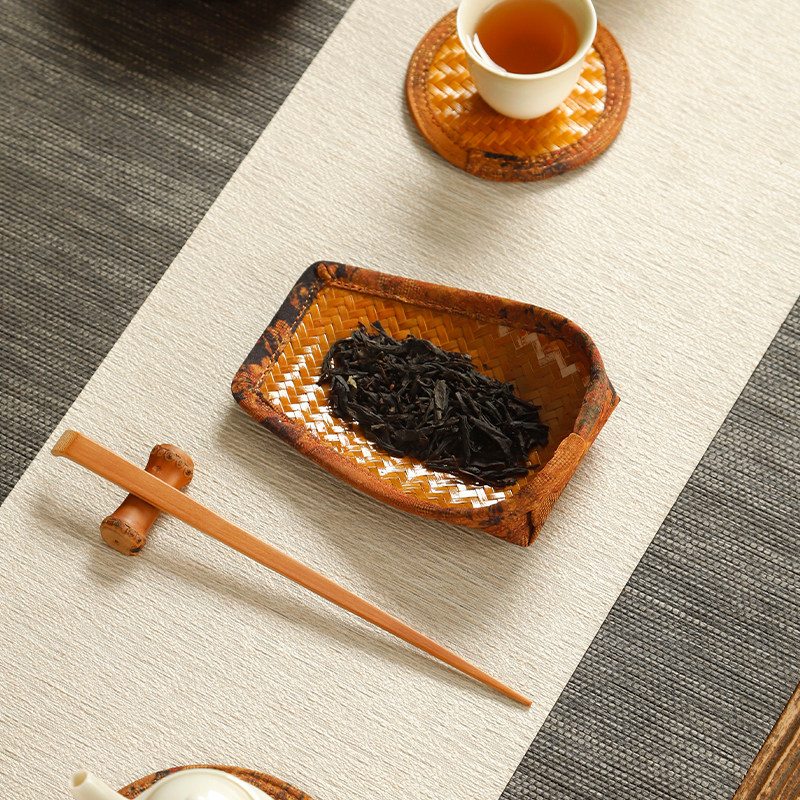 大漆竹编簸箕竹制茶则三件套赏茶荷茶勺六君子功夫茶具茶道配件