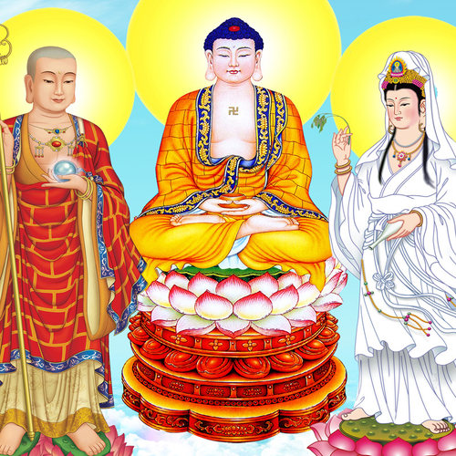 高清娑婆三圣佛像画地藏王观音菩萨释迦牟尼佛如来佛祖丝绸卷轴画