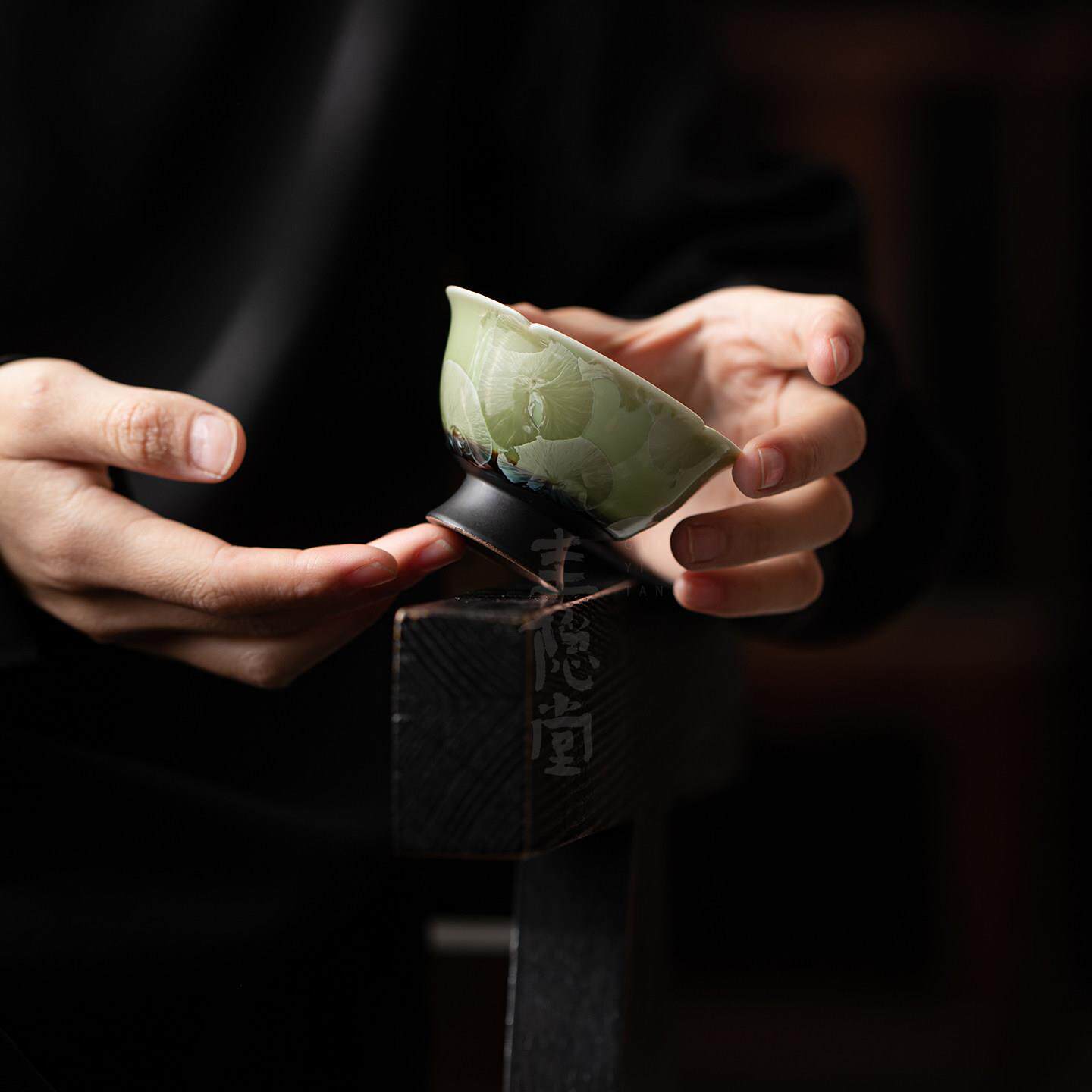 圭隐主窑堂变晶釉冰花结陶瓷茶杯高档精致女结晶冰花士人杯品茗杯