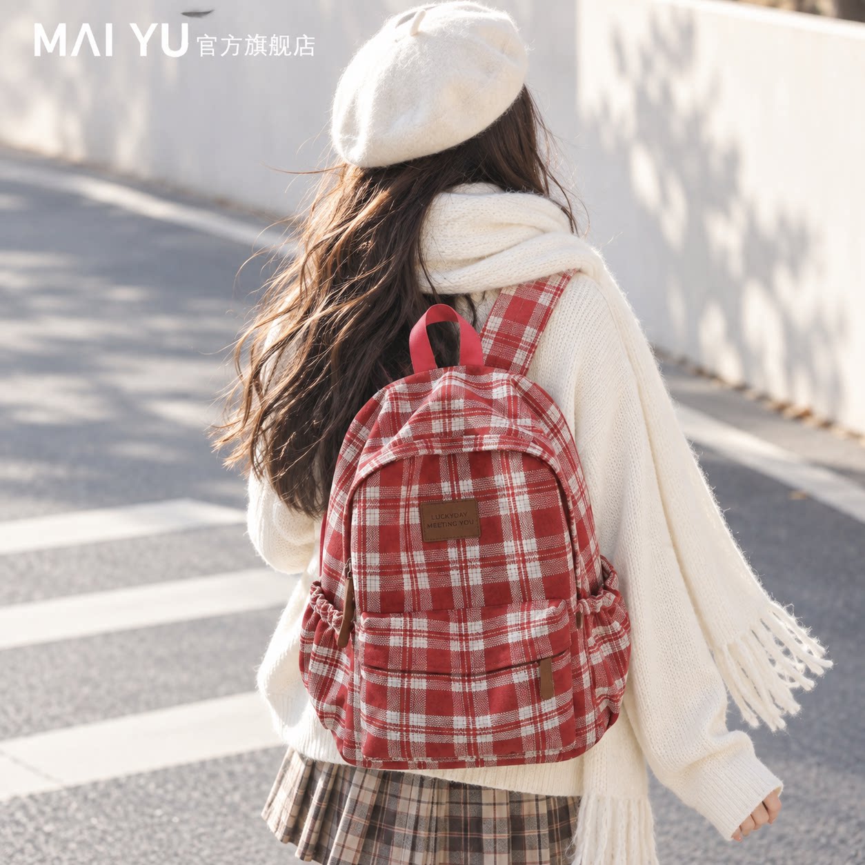 MY秋冬复古格子书包女学生高颜值学院风双肩包轻便通勤休闲背包