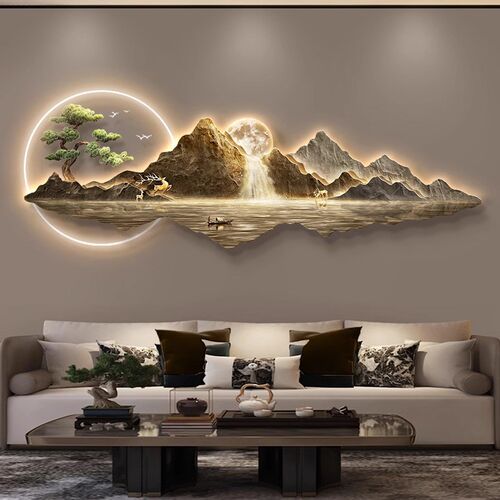 灯光画客厅装饰画有靠山流水生财高端大气LED挂画沙发背景墙壁灯