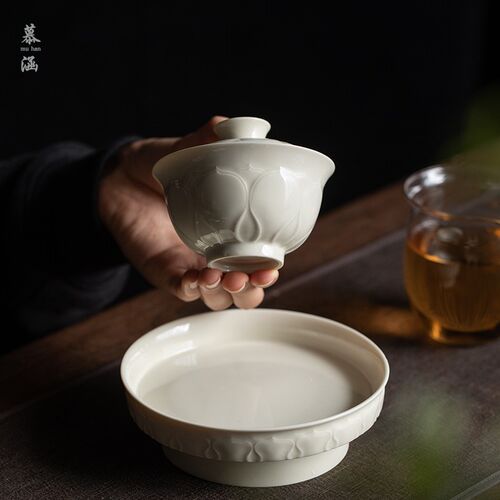 定窑白三才盖碗茶杯仿宋家用泡茶碗陶瓷大容量防烫荷花功夫茶具