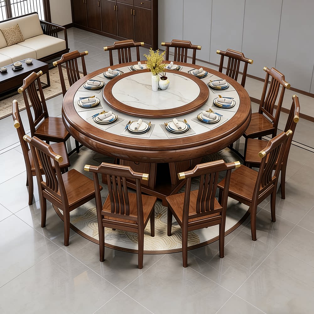 新中式实木餐圆形岩板电磁炉火锅饭桌家用饭店大圆桌吃饭桌子