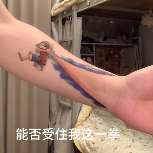 新款海贼王路飞彩色纹身贴潮酷男女花臂防水持久飞火拳统仿真遮疤