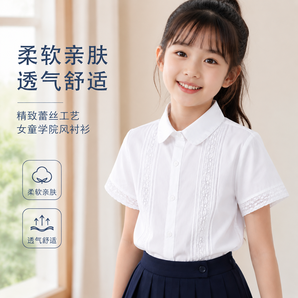 纯棉女童短袖白衬衫春秋学院风白色百搭蕾丝T恤中小学生儿童校服