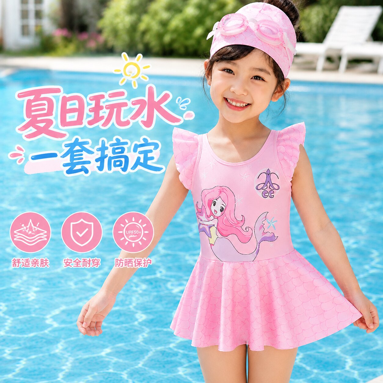 女孩儿童泳衣2026新款可爱女童公主风美人鱼卡通粉色防晒连体泳装