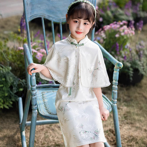 2026新款女童新中式日常改良旗袍夏季儿童复古修身旗袍披肩套装高