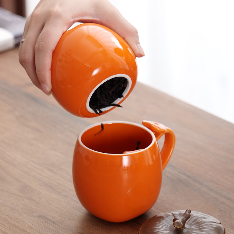 万柿如意陶瓷办公杯盖马克杯带茶叶罐礼盒装带水杯送家用大容量