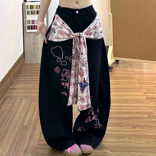 夏季复古涂鸦丝巾绑带阔腿牛仔裤