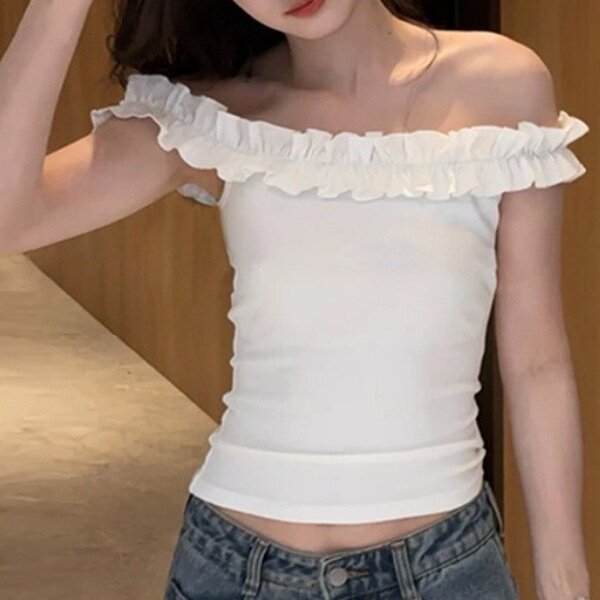 纯欲一字肩木耳边白色露脐T恤女