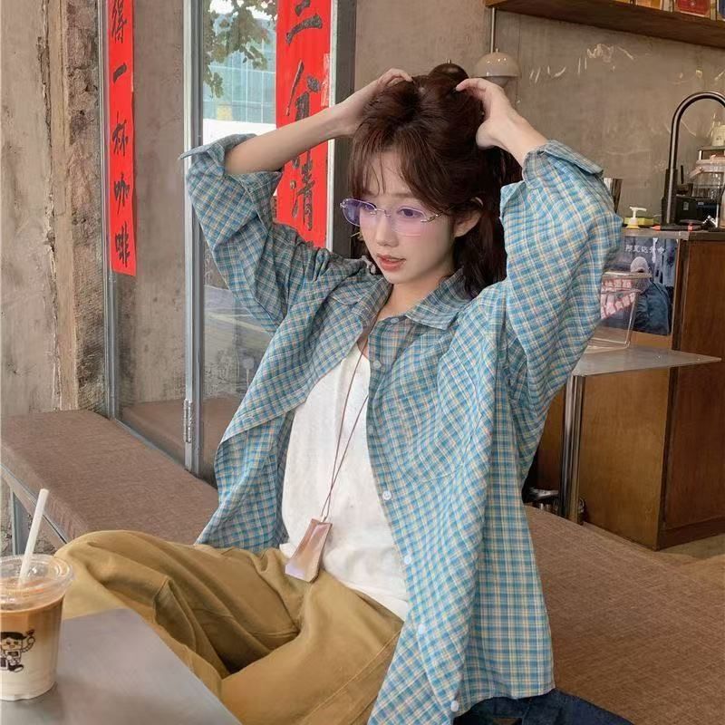 港风复古蓝格长袖显瘦衬衫女