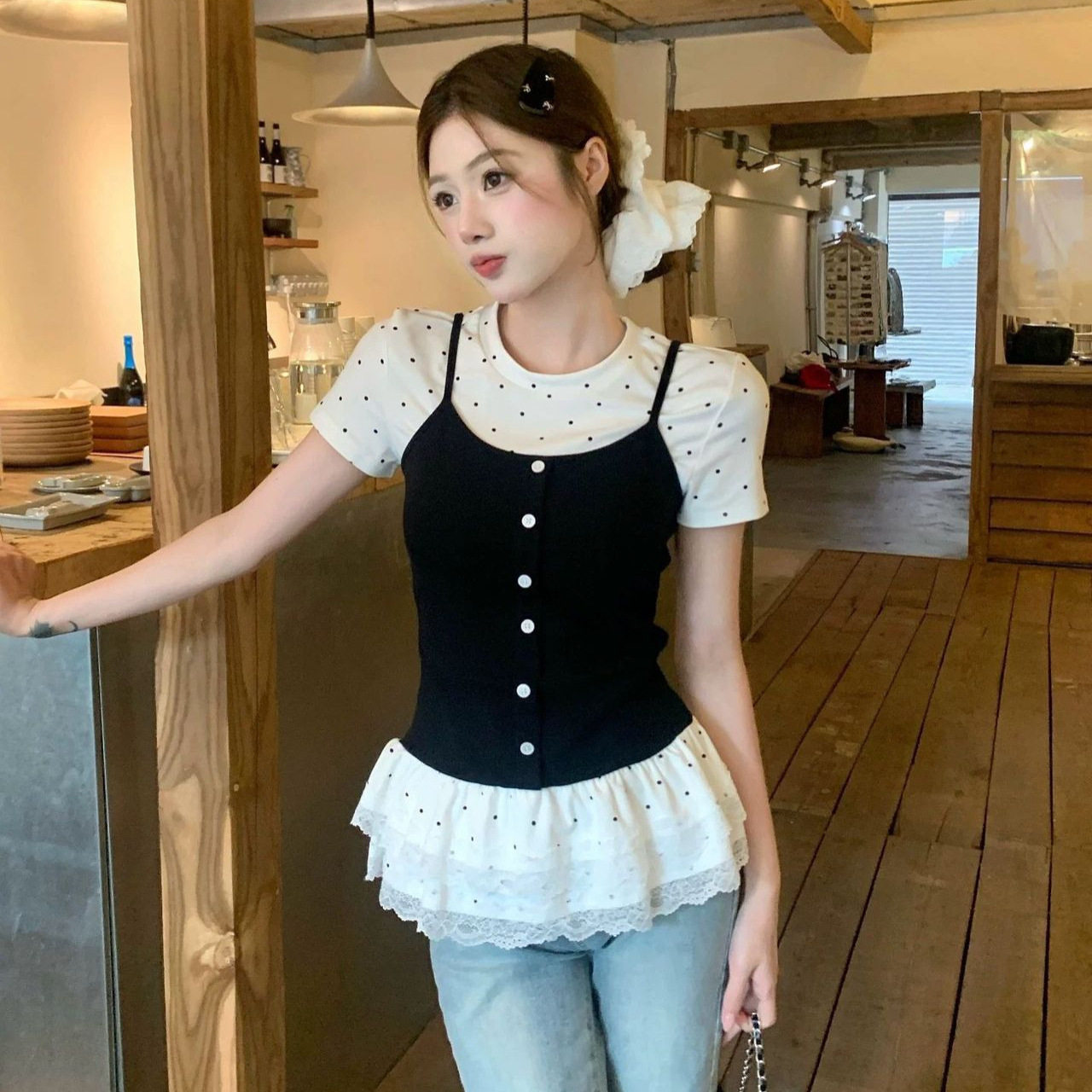 夏季甜辣波点吊带T恤女修身显瘦