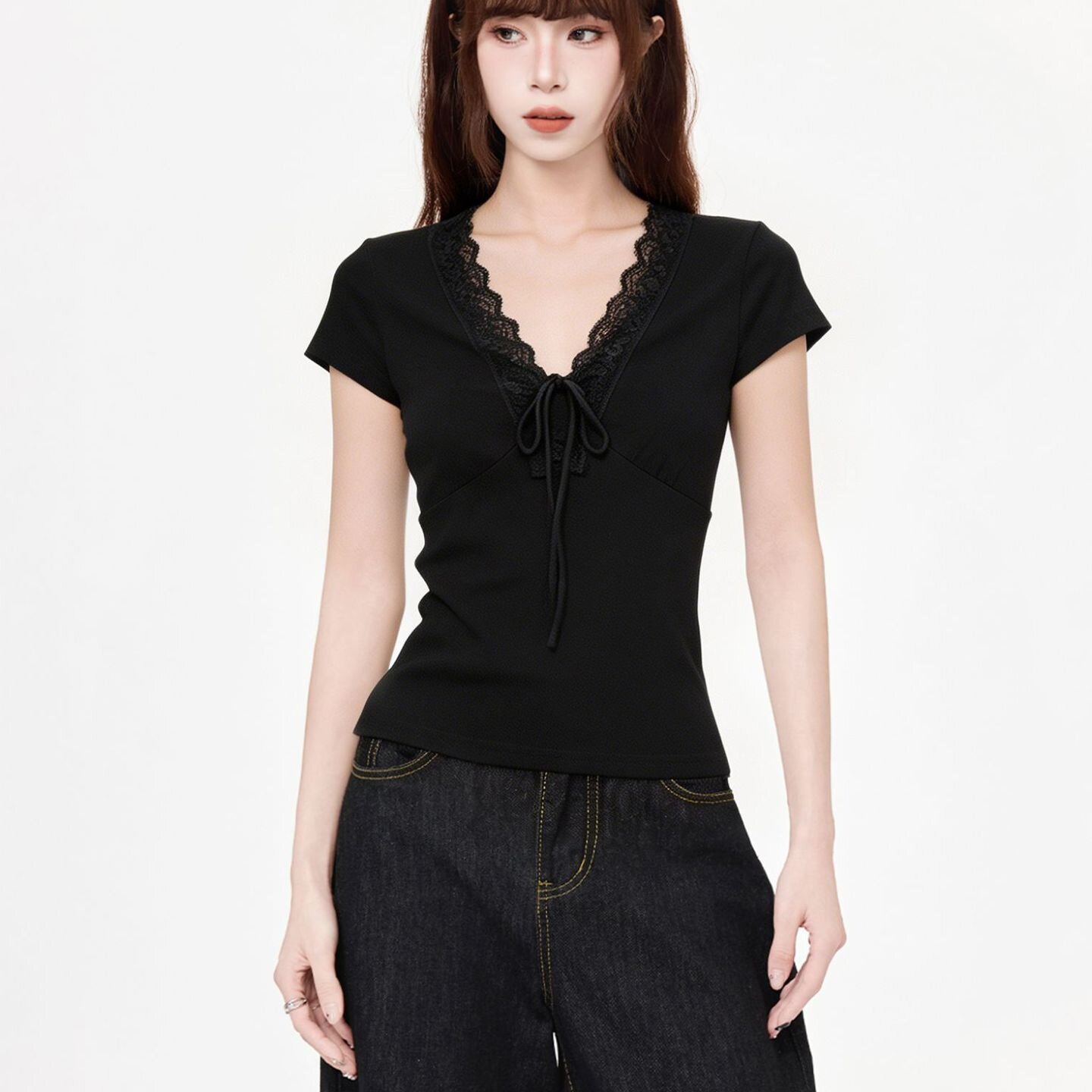 韩系黑色V领蕾丝花边绑带正肩短袖T恤女2026夏新款修身显瘦上衣女