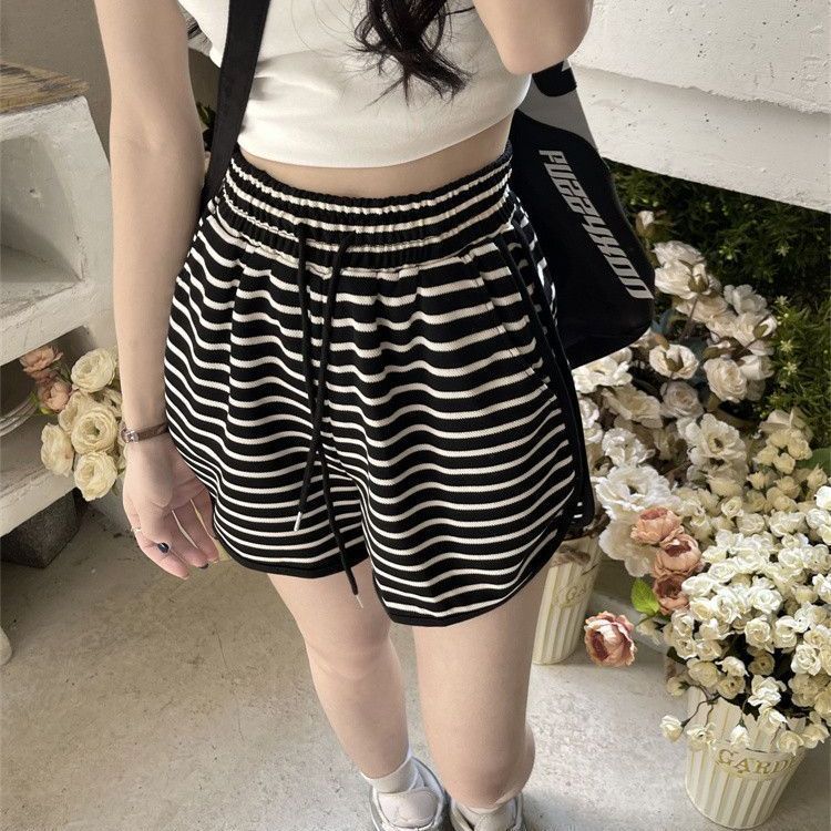 夏季薄款高腰阔腿条纹运动短裤