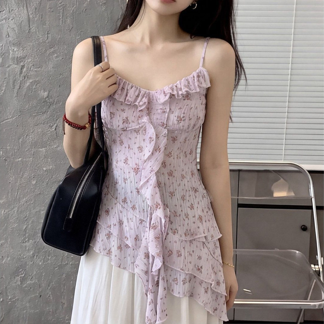 夏季纯欲碎花吊带背心修身显瘦