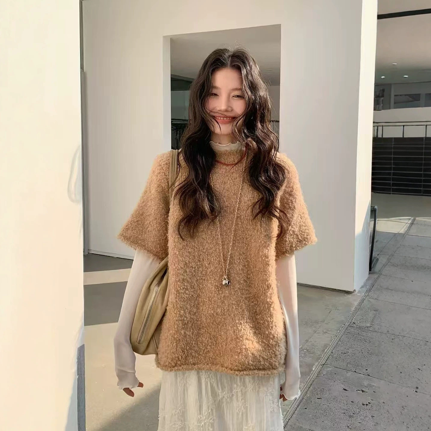 韩系圈圈纱短袖套头毛衣女秋冬