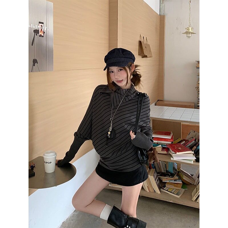 秋季新款蝙蝠袖条纹长袖T恤女