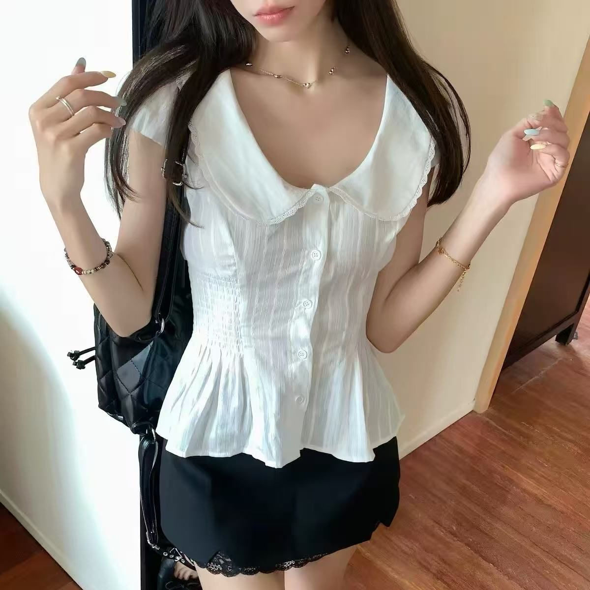 夏季甜美娃娃领荷叶边显瘦衬衫