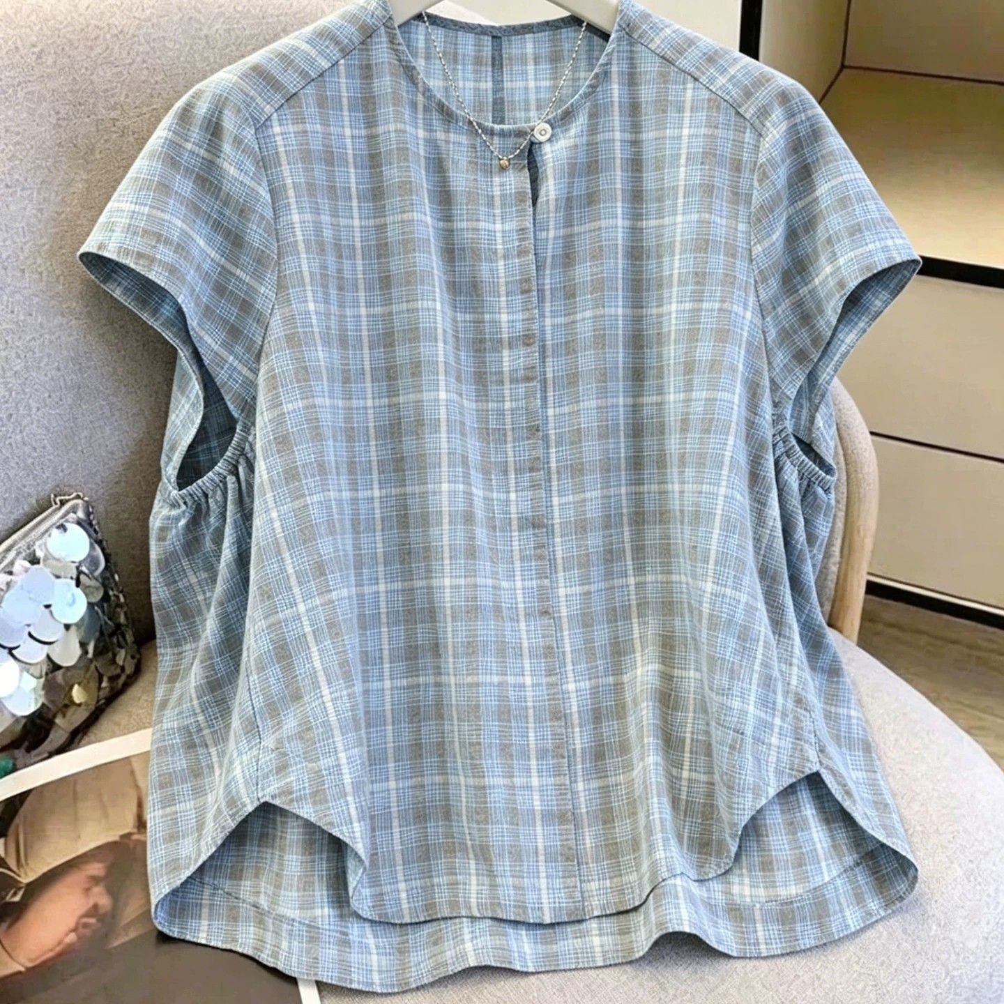 法式浅蓝格子短袖衬衫女夏新款