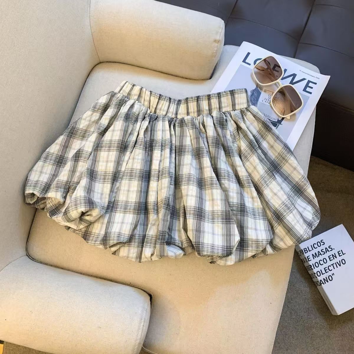 夏季高腰显瘦蓬蓬花苞格子女裙裤