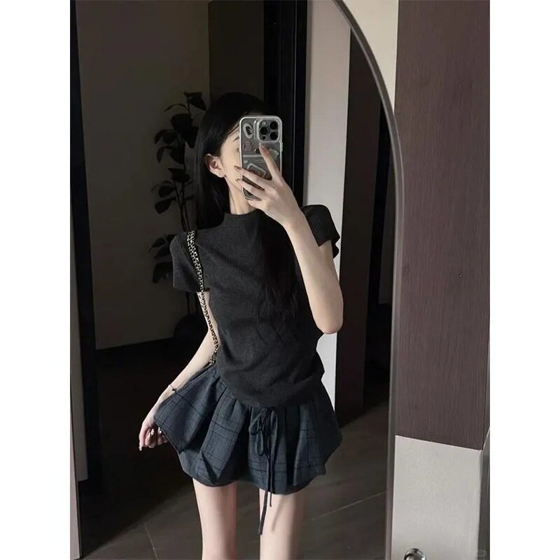 夏季辣妹显瘦半高领短袖格纹裙