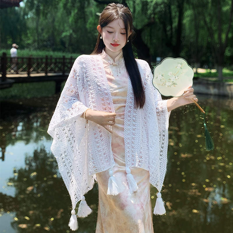 夏季新款民族风针织镂空开衩披肩