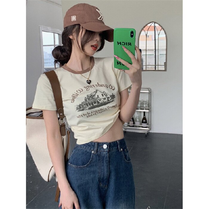 美式复古撞色短款印花T恤女
