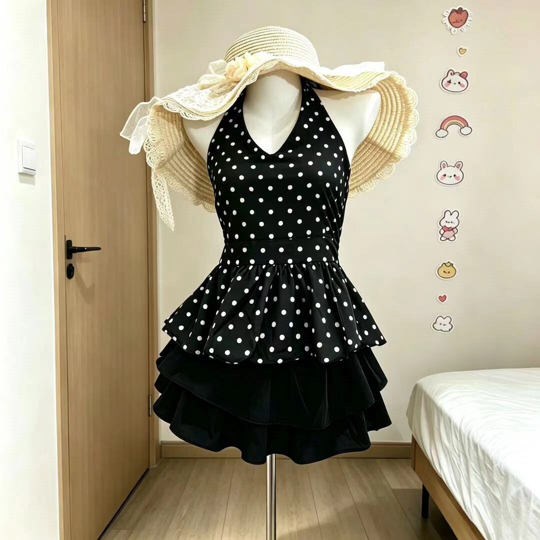 夏季波点挂脖防走光裙套装