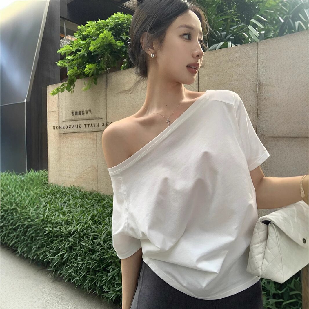 夏季斜肩宽松辣妹短袖T恤女