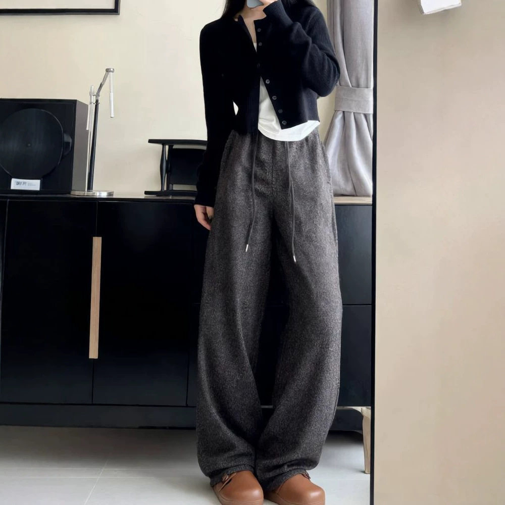 深灰美式抽绳高腰显瘦阔腿卫裤