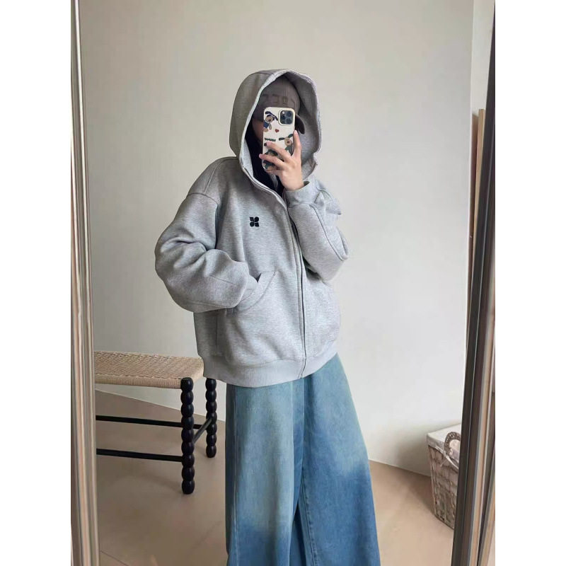 秋冬复古高领连帽拉链卫衣女生