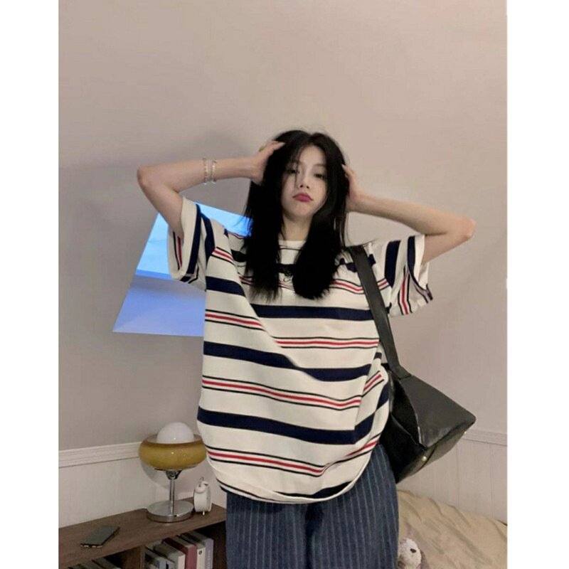 美式条纹宽松短袖T恤女夏季新款