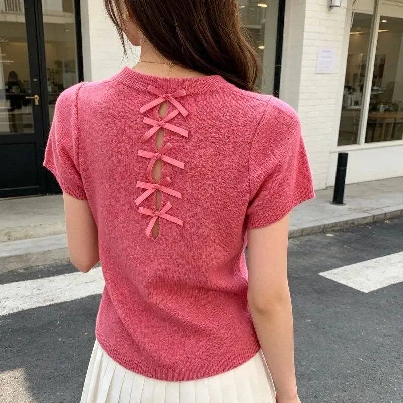 韩系显白蝴蝶结短袖T恤女显瘦