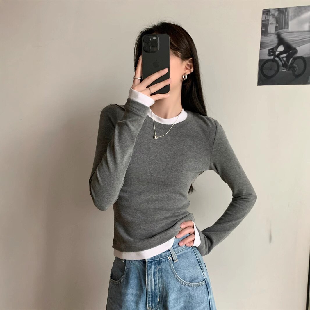 设计感假两件显瘦长袖T恤女