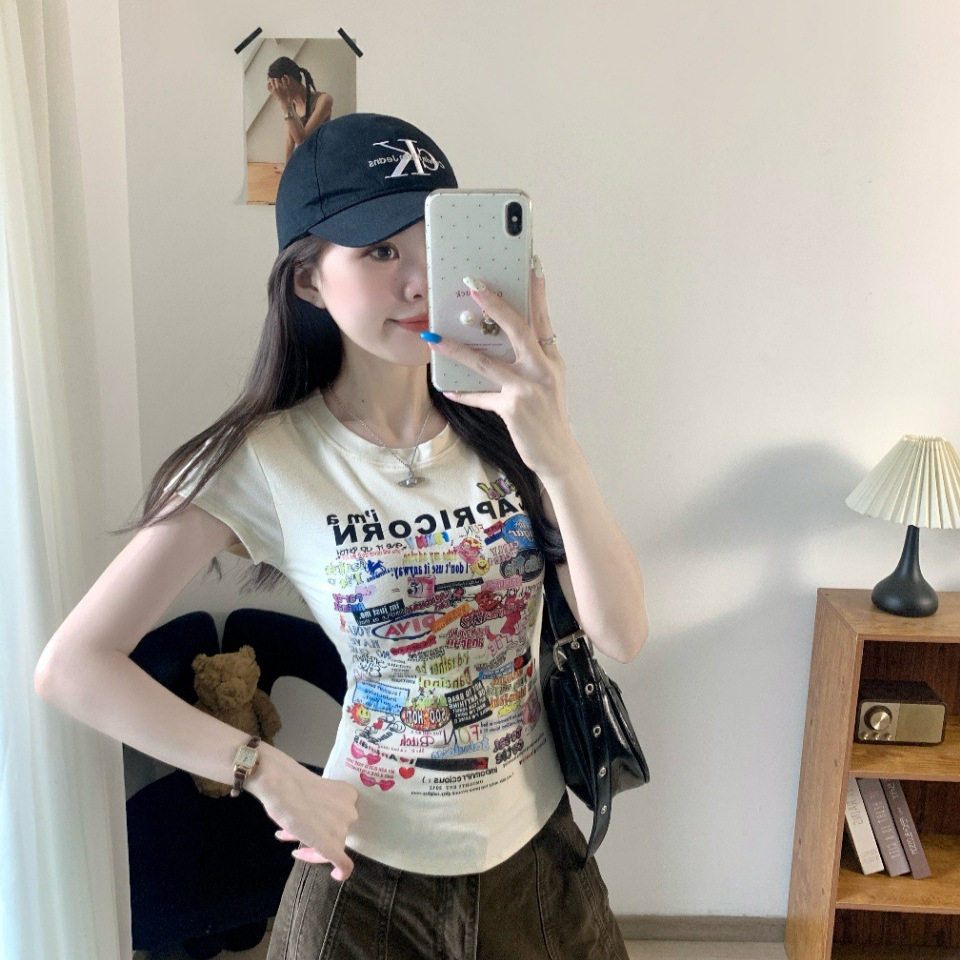 夏季甜酷辣妹卡通印花带胸垫T恤