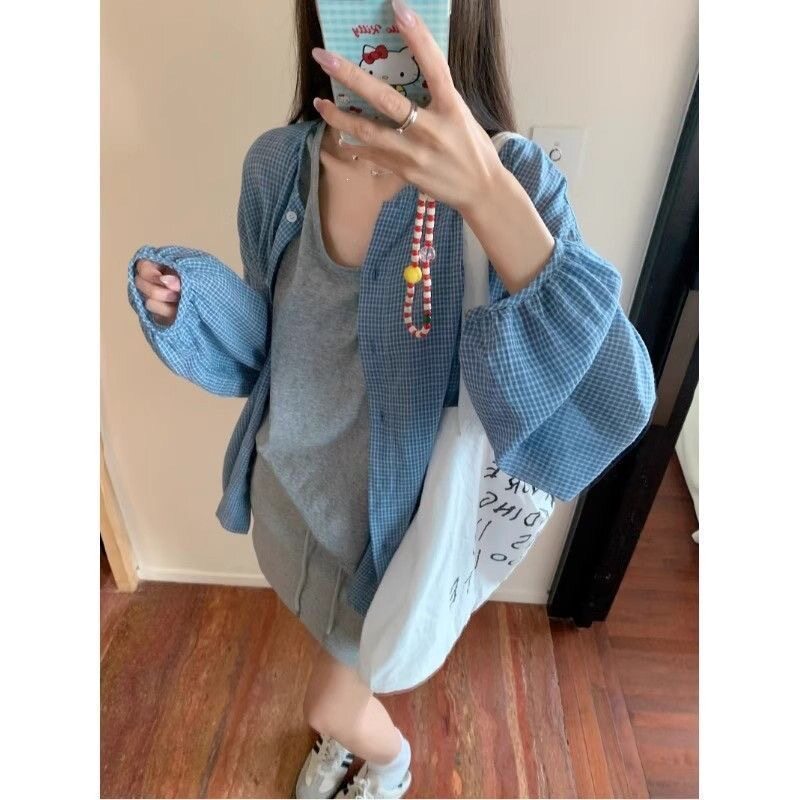 春夏韩系防晒蓝格宽松显瘦衬衫女