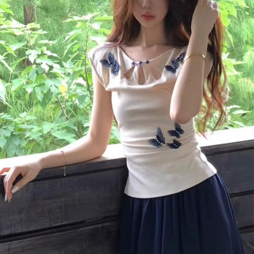 夏季纯欲镂空蝴蝶修身短袖T恤