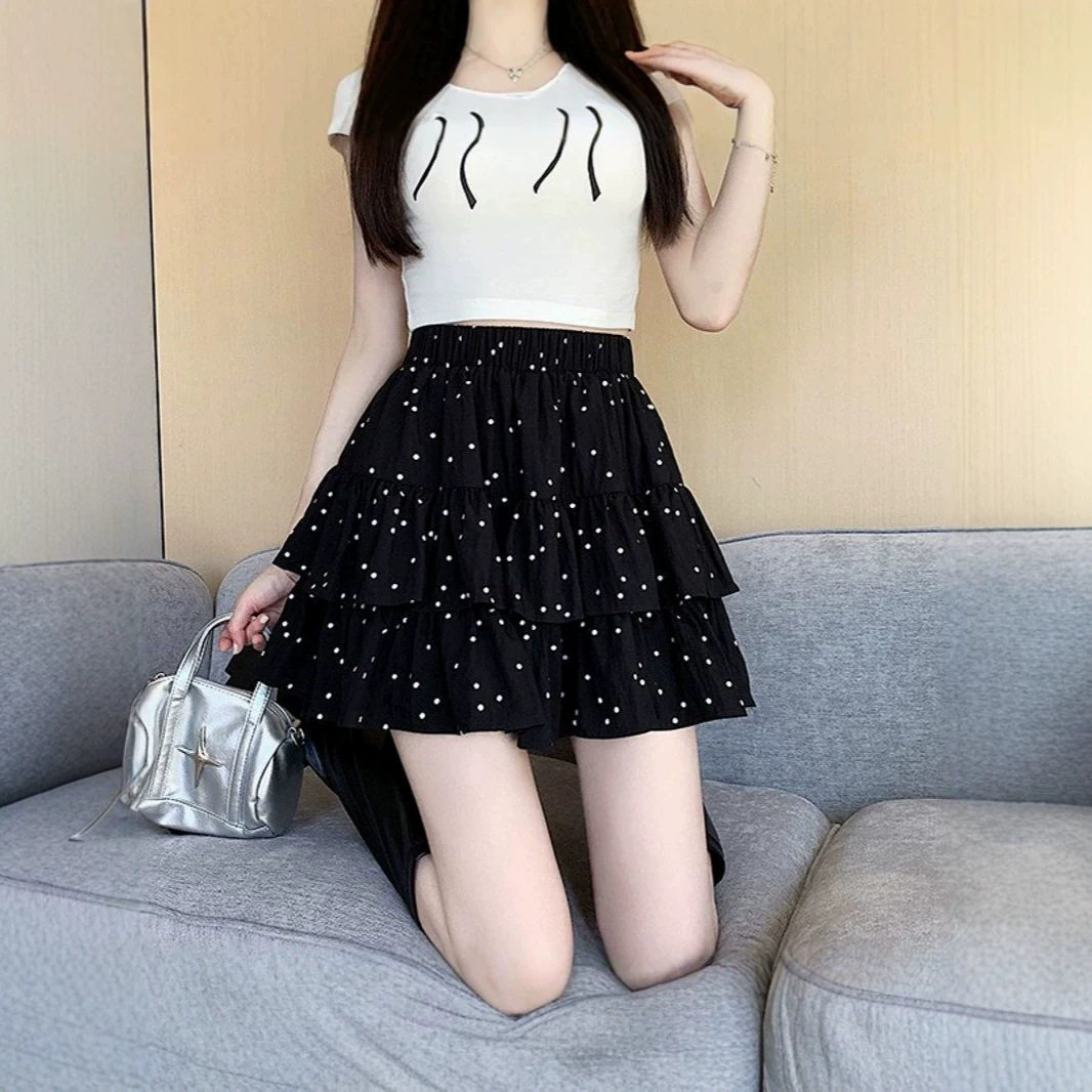 夏季胖妹妹高腰波点A字蛋糕伞裙