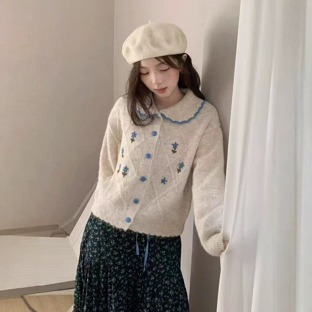 羊驼毛韩系甜美小花毛衣开衫女