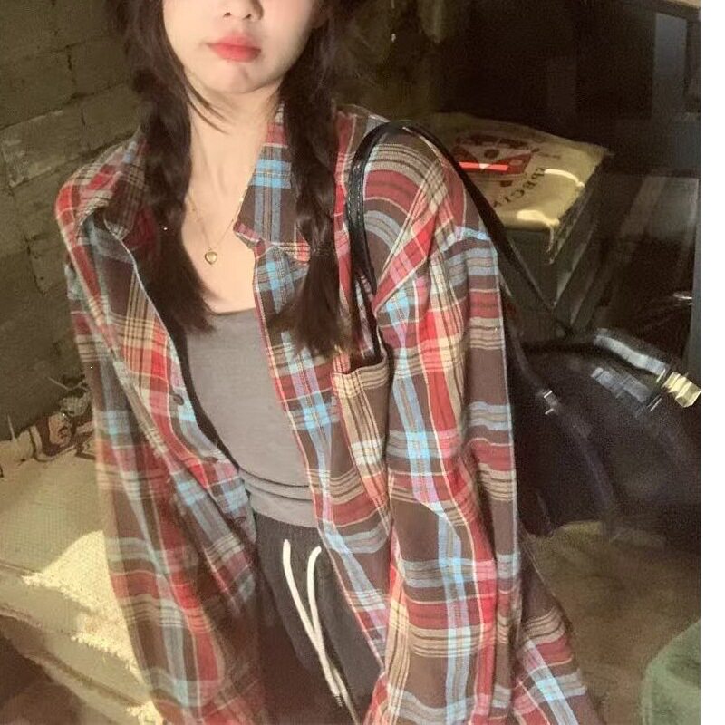 春秋女POLO领格子宽松衬衫外套