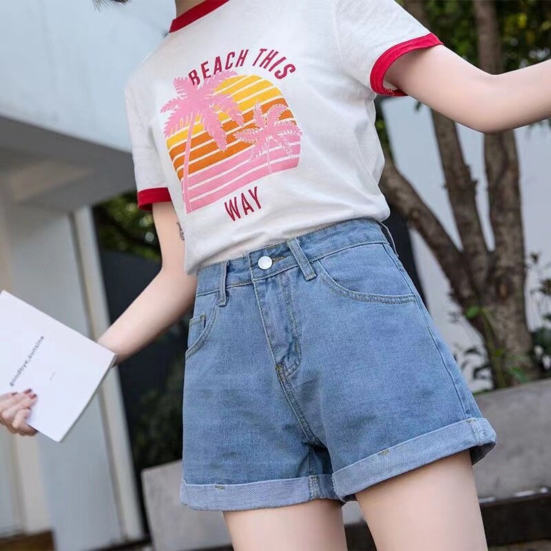 夏季高腰黑色A字阔腿牛仔短裤