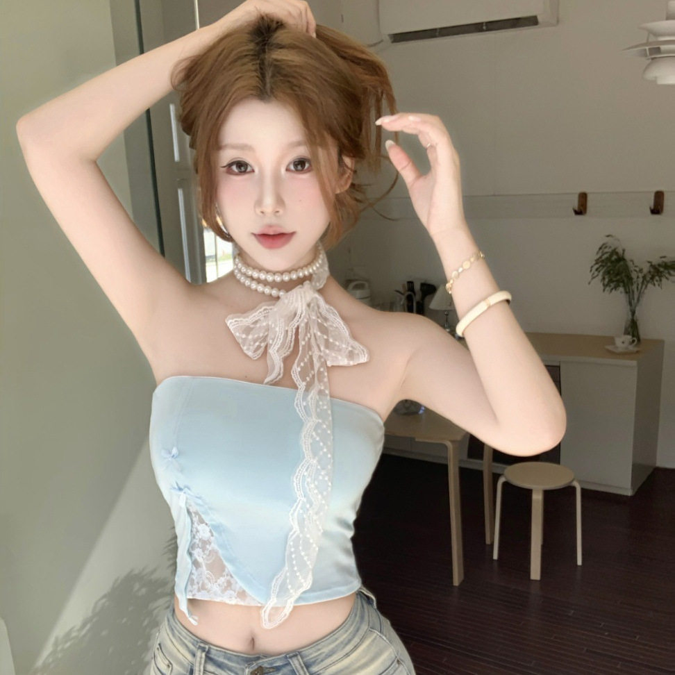 夏季辣妹蕾丝拼接带胸垫抹胸