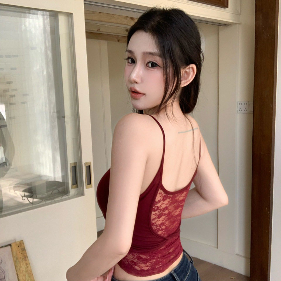 夏季纯欲蕾丝露背带胸垫吊带背心