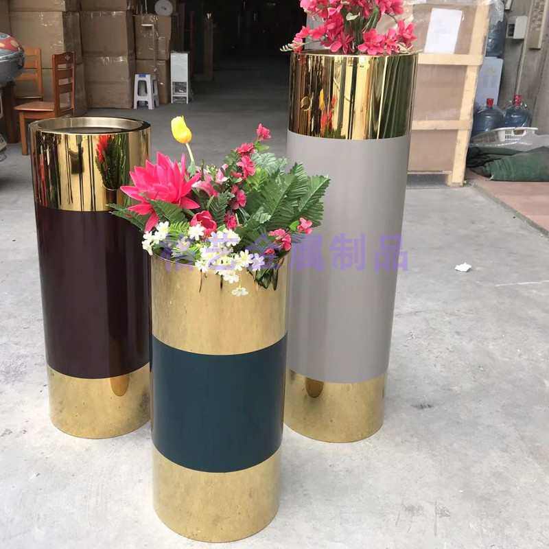 不锈钢花盆大型落地酒店圆柱形花拼花瓶器金属色钵花摆件