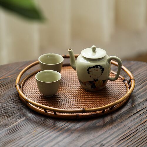 手工紫竹竹编席面托盘圆形茶盘茶具收纳干泡台奉茶盘茶席茶道零配