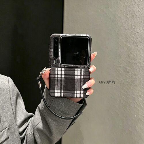复古棕白格纹挂绳折叠手机壳