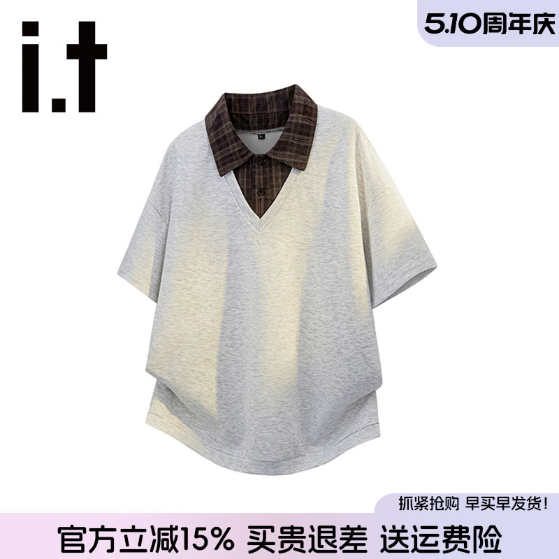 it FIVE CM假两件短袖polo衫男女2026夏季新款撞色翻领宽松t恤潮