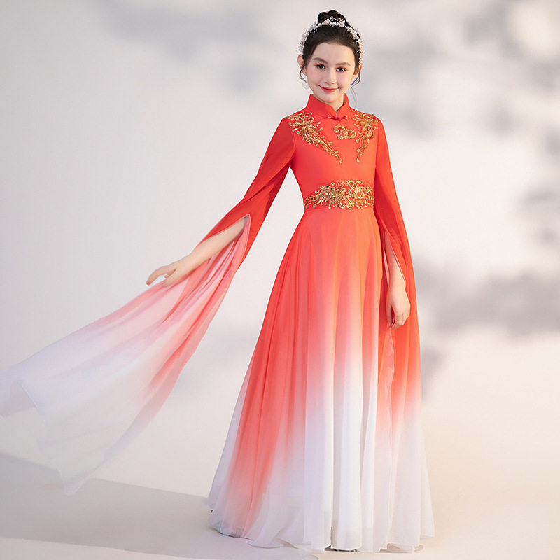 2026新款女童弹古筝演出服红色中国风晚礼服民乐演奏大合唱艺考古图片